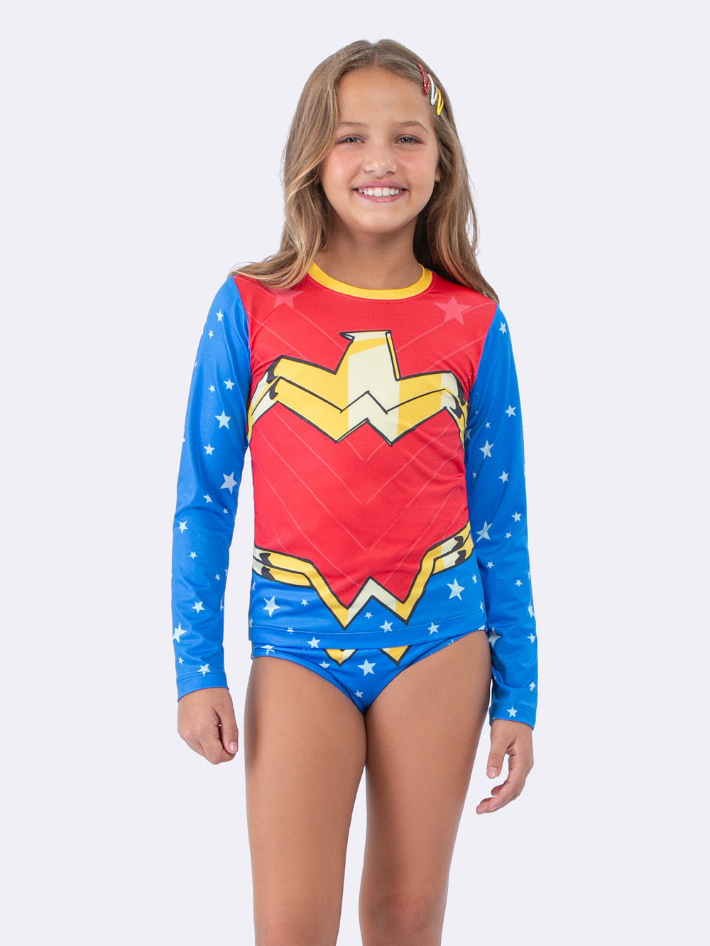 BLUSA FEMININA INFANTIL MANGA LONGA PROTEÇÃO UV 50+ MULHER MARAVILHA - VEGGI