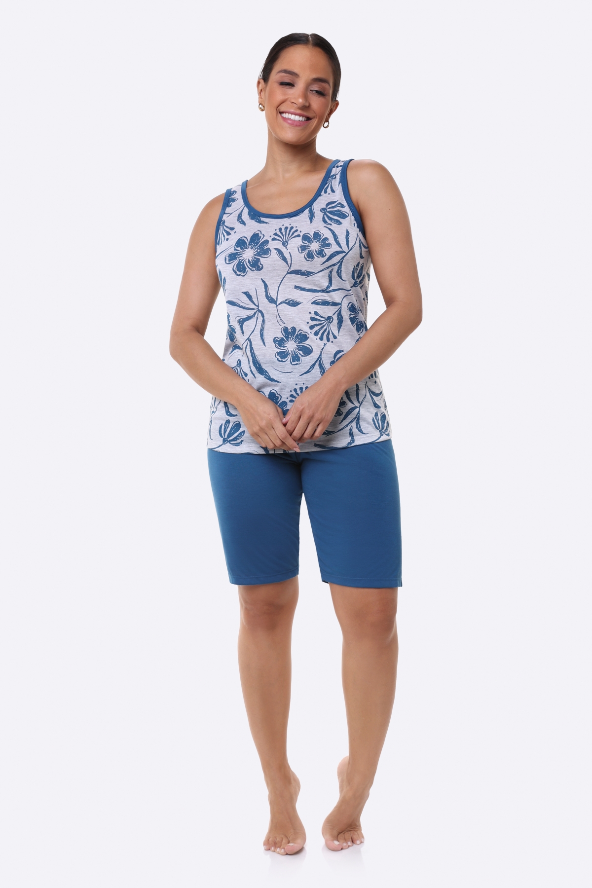 PIJAMA FEMININO REGATA COM BERMUDA FLORES AZUL PLUS SIZE - BOCEJINHO