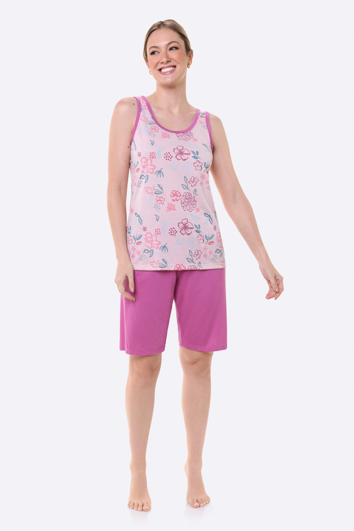 PIJAMA FEMININO REGATA COM BERMUDA FLORES ROSA PLUS SIZE- BOCEJINHO