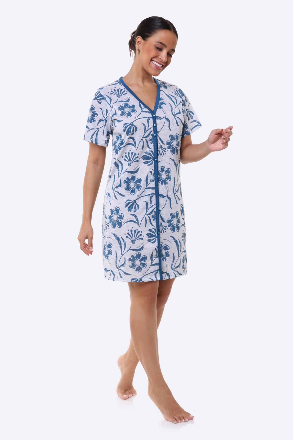 CAMISOLA MANGA CURTA COM BOTÕES FLORES AZUL PLUS SIZE - BOCEJINHO