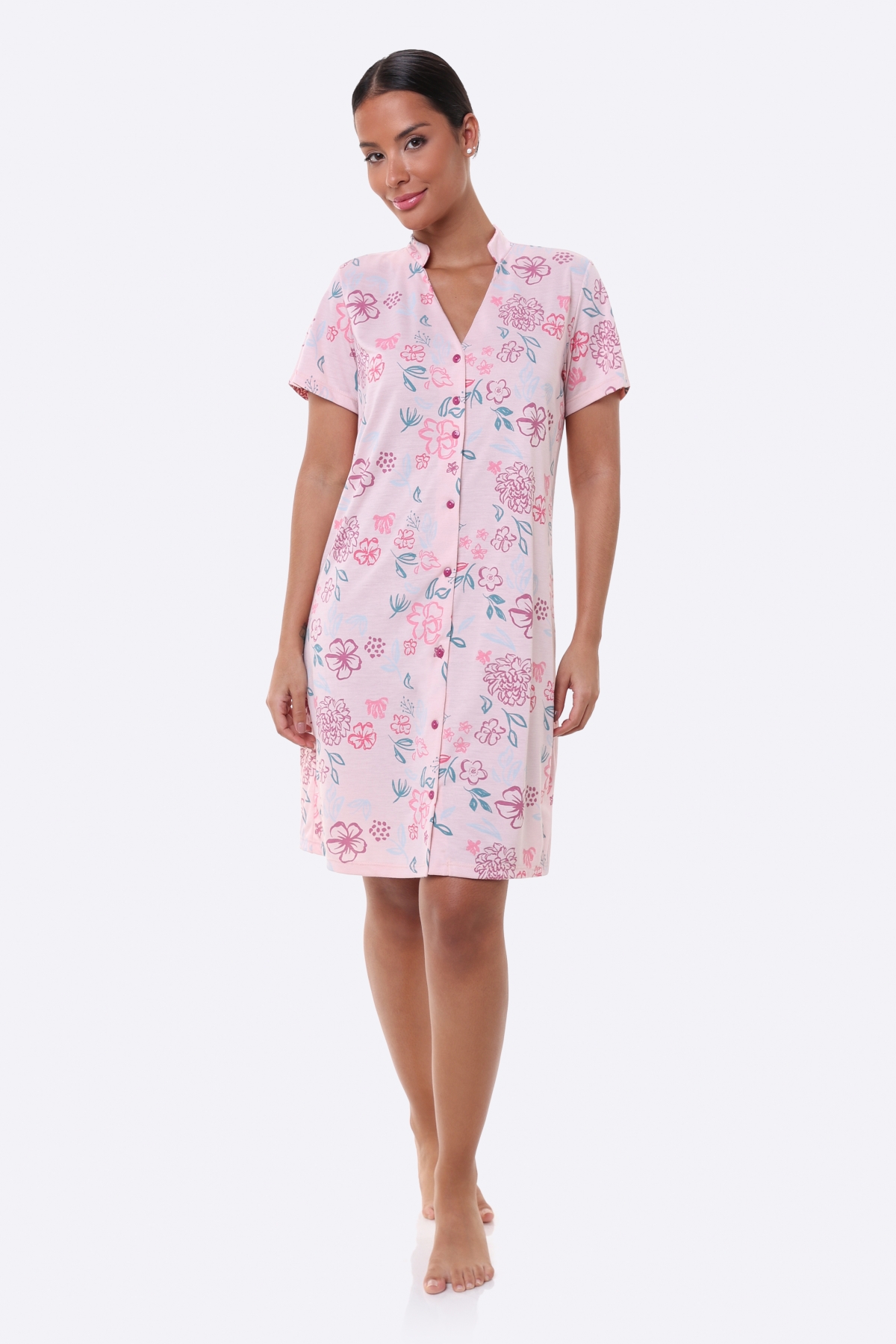 CAMISOLA MANGA CURTA COM BOTÕES FLORES ROSA - BOCEJINHO