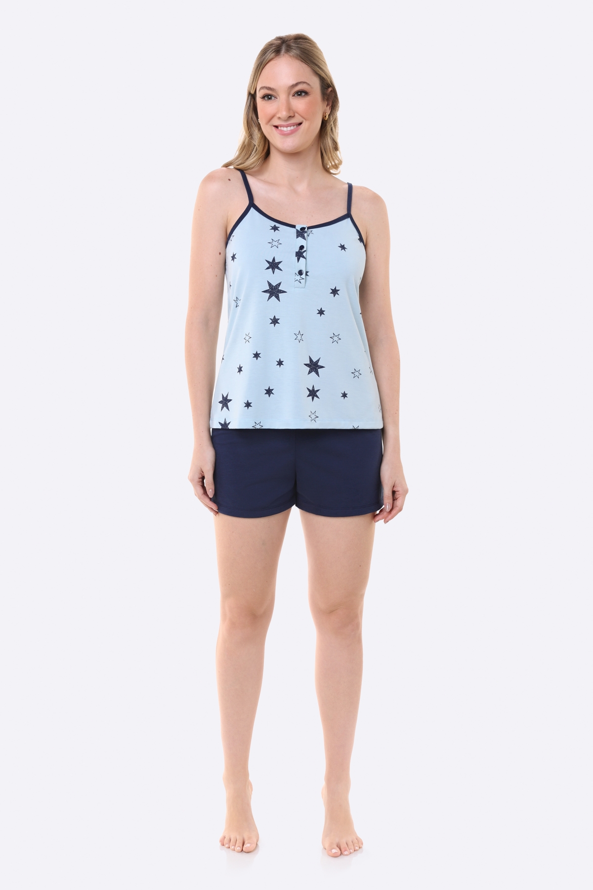PIJAMA FEMININO ALÇA ESTRELAS AZUL - BOCEJINHO