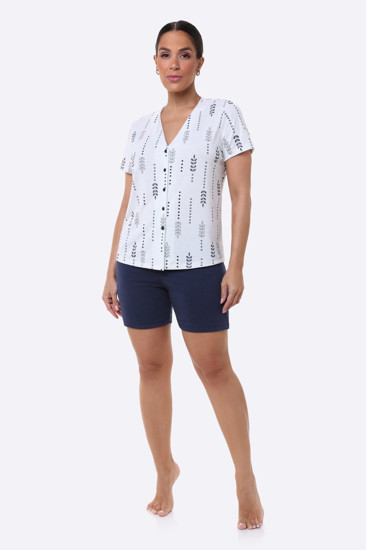 PIJAMA FEMININO CURTO ABERTO COM BOTÕES FOLHAGEM AZUL - BOCEJINHO