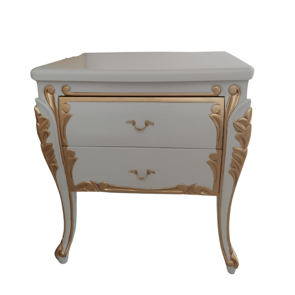Mesa de Cabeceira Luís XV Madeira Maciça Apliques Folheados a Ouro