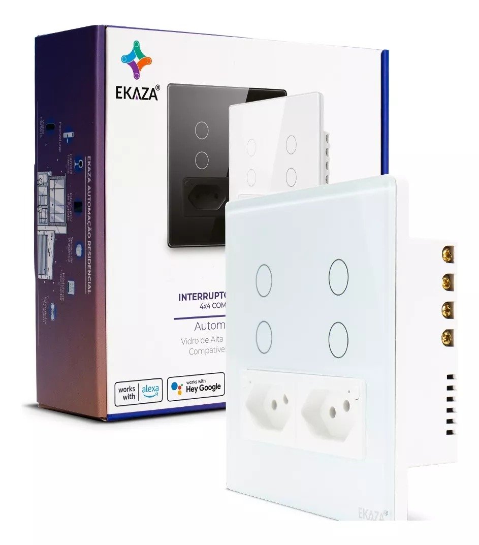 Interruptor Inteligente Wi-Fi 4x4 de 4 Botões Branco + 2 Tomadas 16A