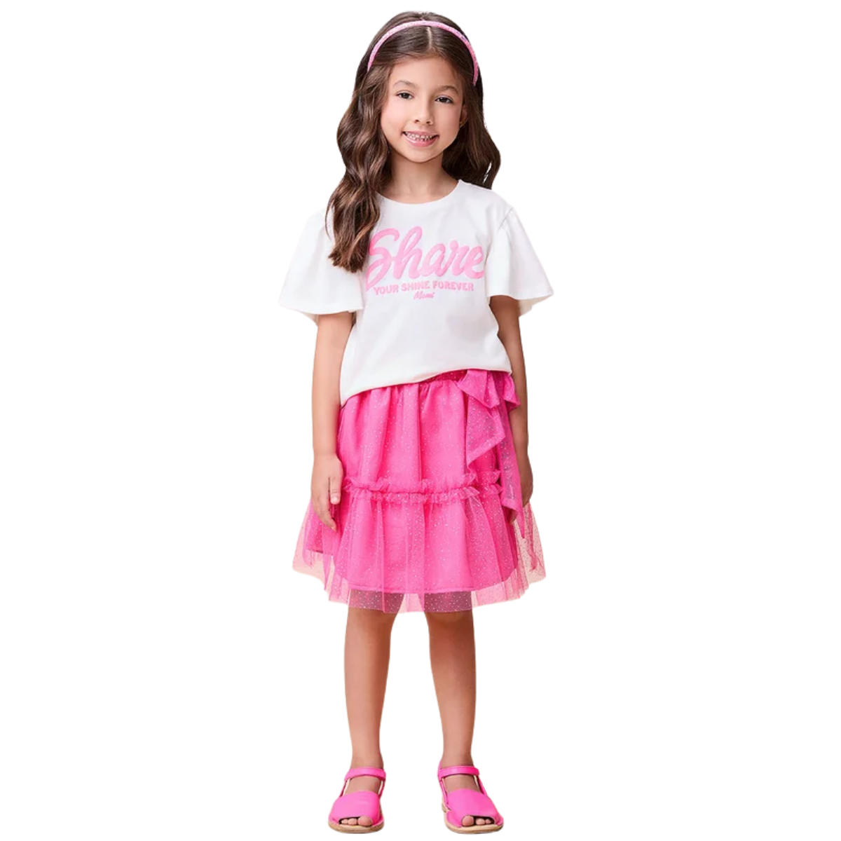 Conjunto Momi Blusa e Saia de Tule Rosa com glitter H5711