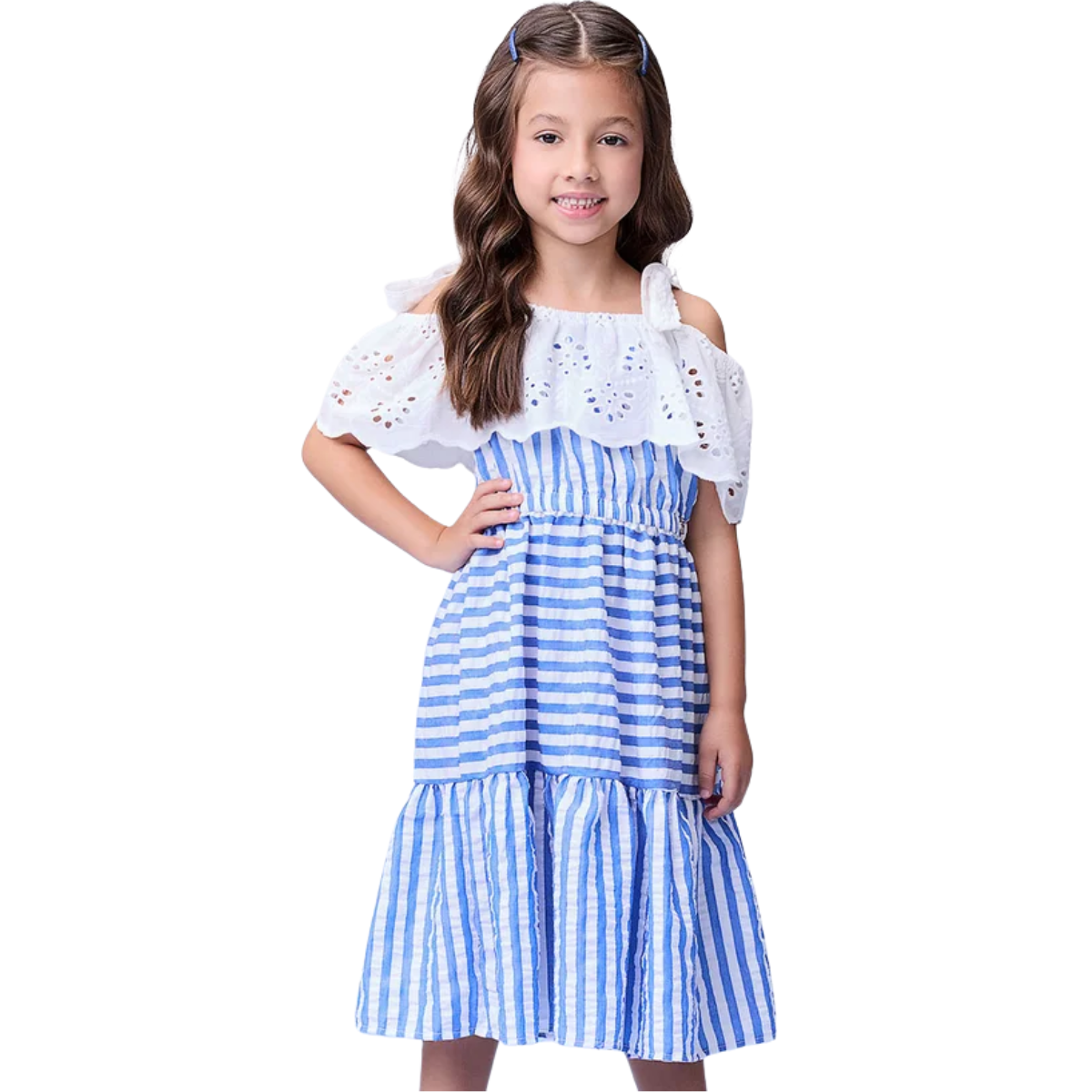 Vestido Momi Listrado Azul e Branco com Babados Laise H5605