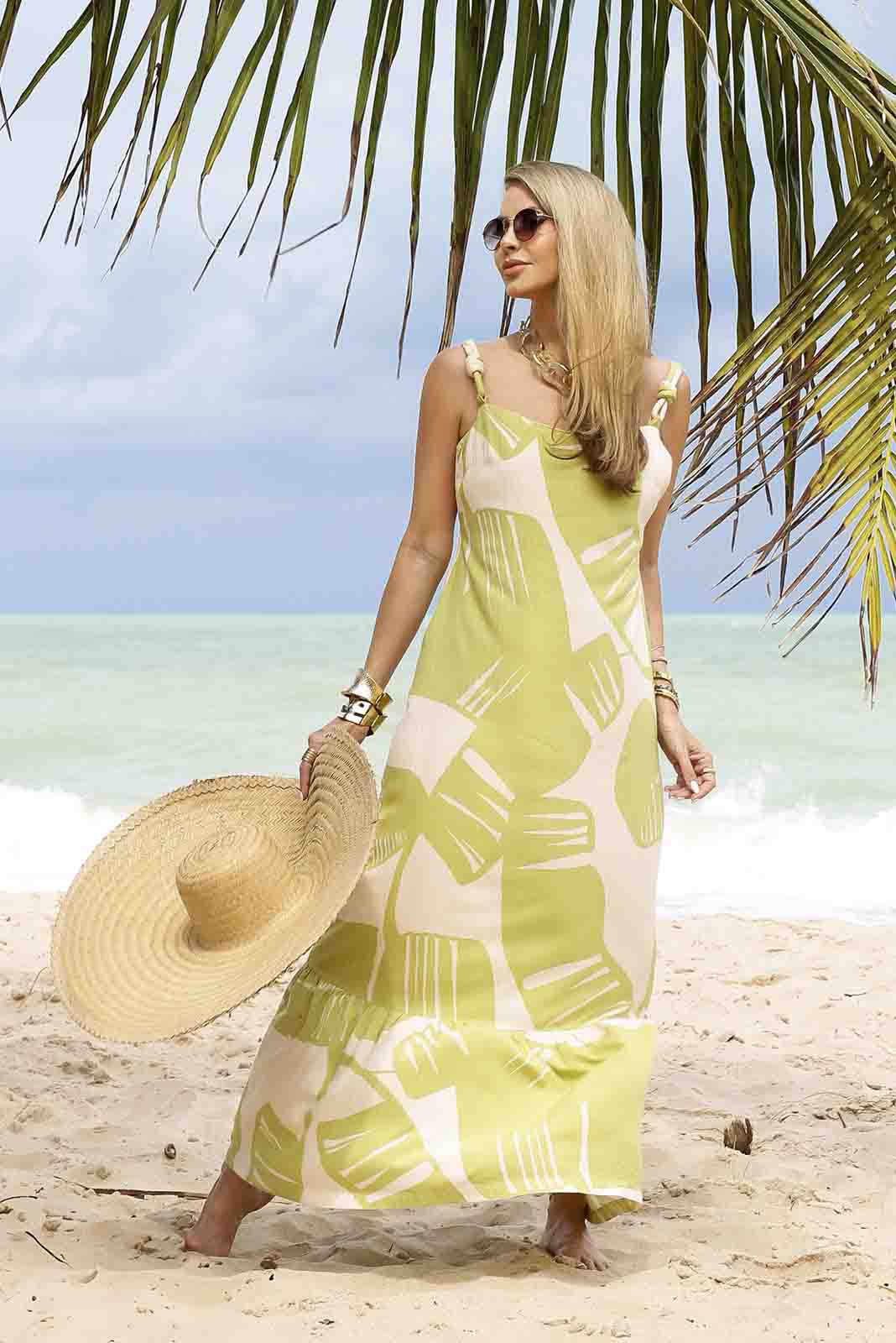 Vestido Longo de Alça de Corda Estampado Verde