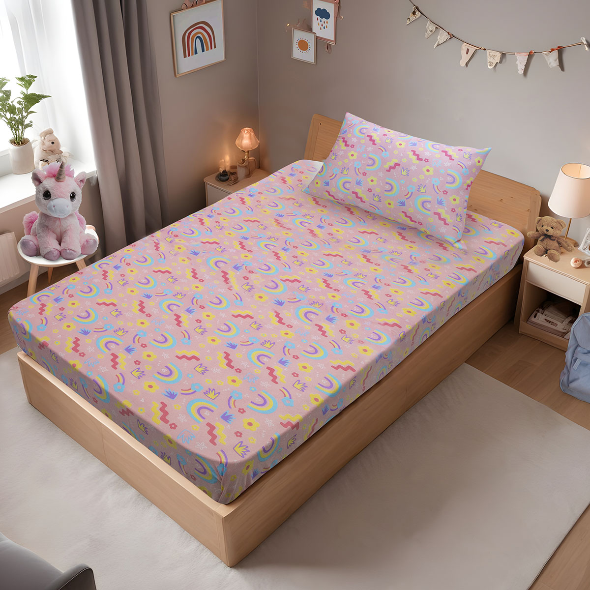 Jogo de Cama Solteiro Portallar Malha Misto Estampado Rainbow 2 Pçs com Elástico Rosa
