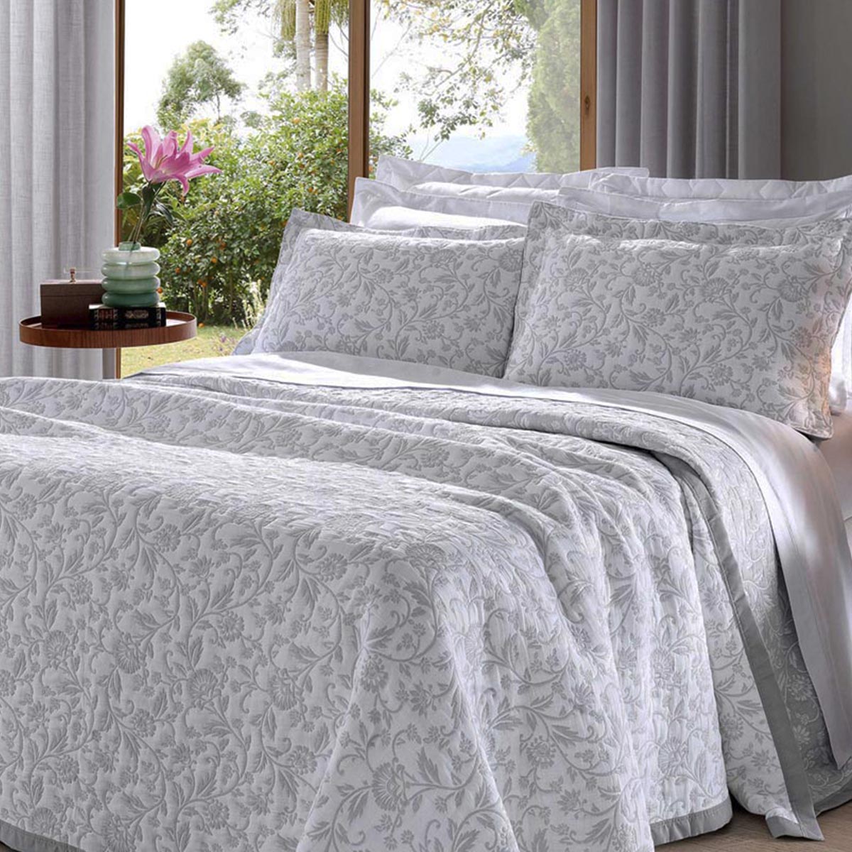 Cobre Leito Buettner Casal Jacquard Dupla Face Cenário Estampado Lina 3 Peças Cinza