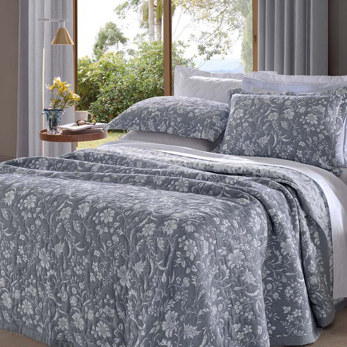 Cobre Leito Buettner Casal Jacquard Dupla Face Cenário Estampado Veras 3 Peças Cinza