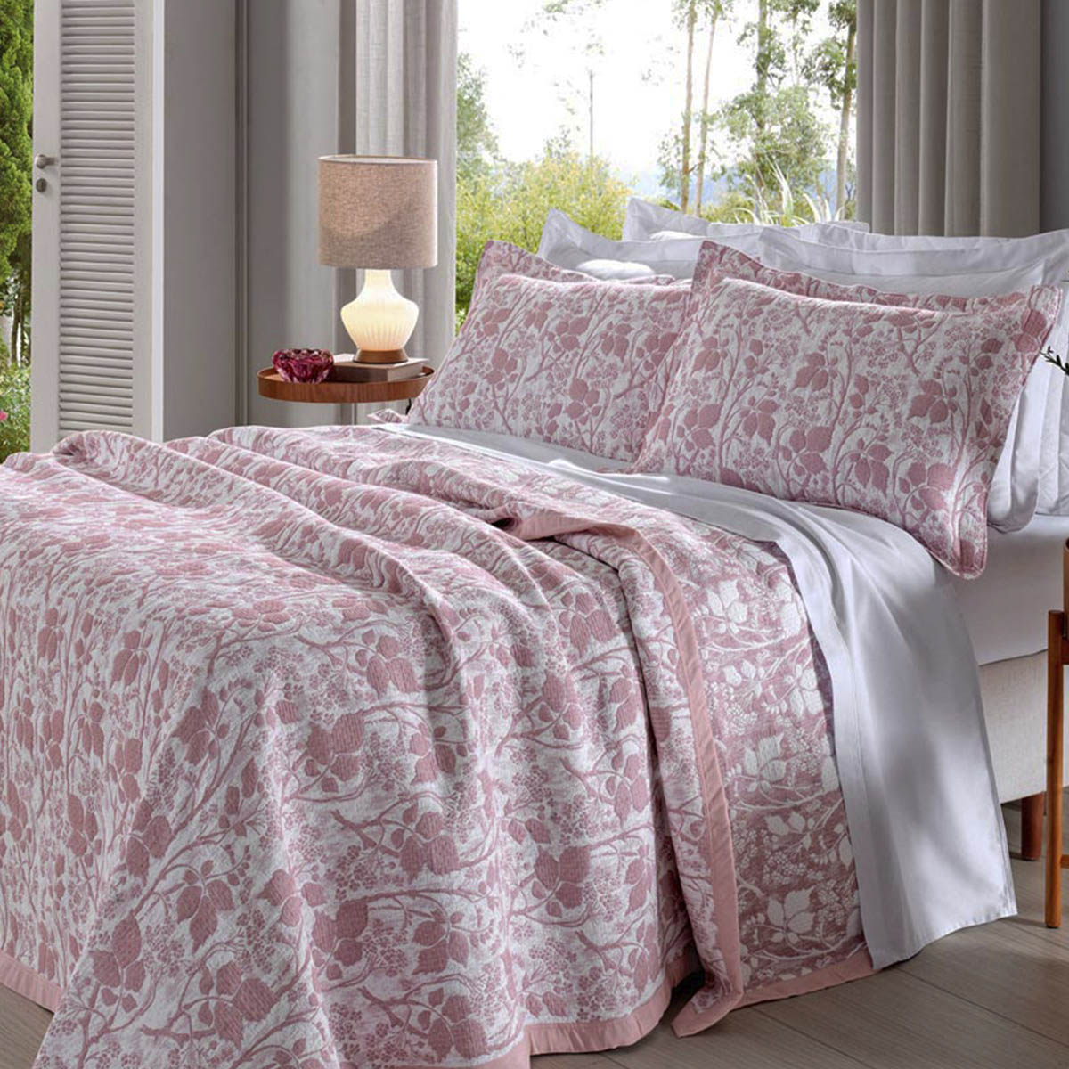 Cobre Leito Buettner Queen Jacquard Dupla Face Cenário Estampado Glenda 3 Peças Rosa