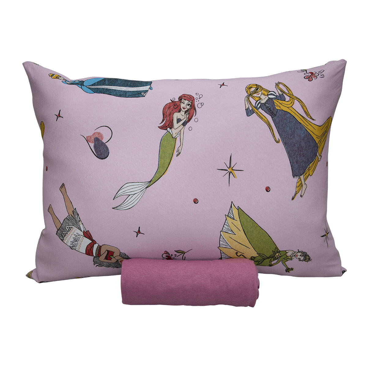 Jogo de Cama Portallar Solteiro Malha 100% Algodão Disney Princesas Brilhantes 2 Pçs Rosa