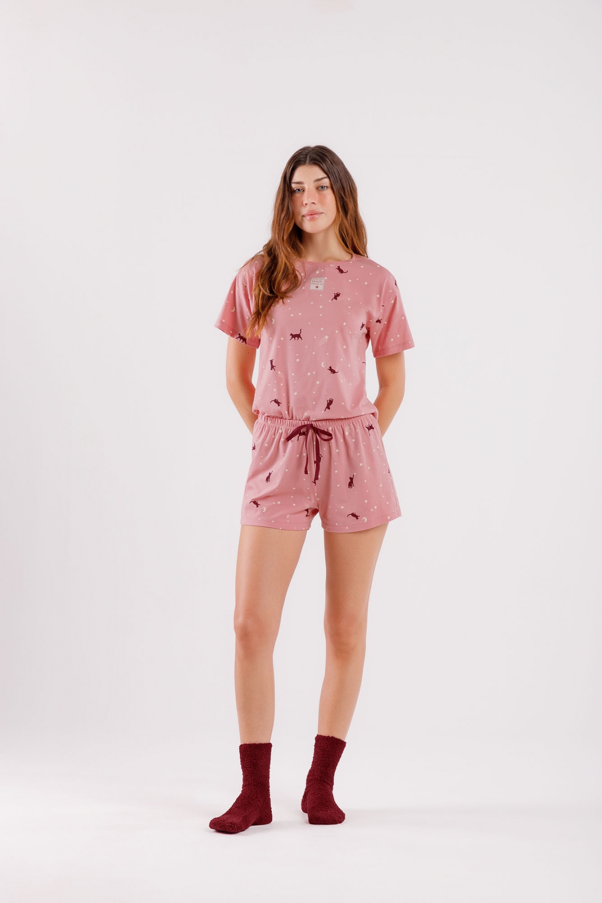 PIJAMA FEMININO CURTO GATO ALGODÃO - COR COM AMOR