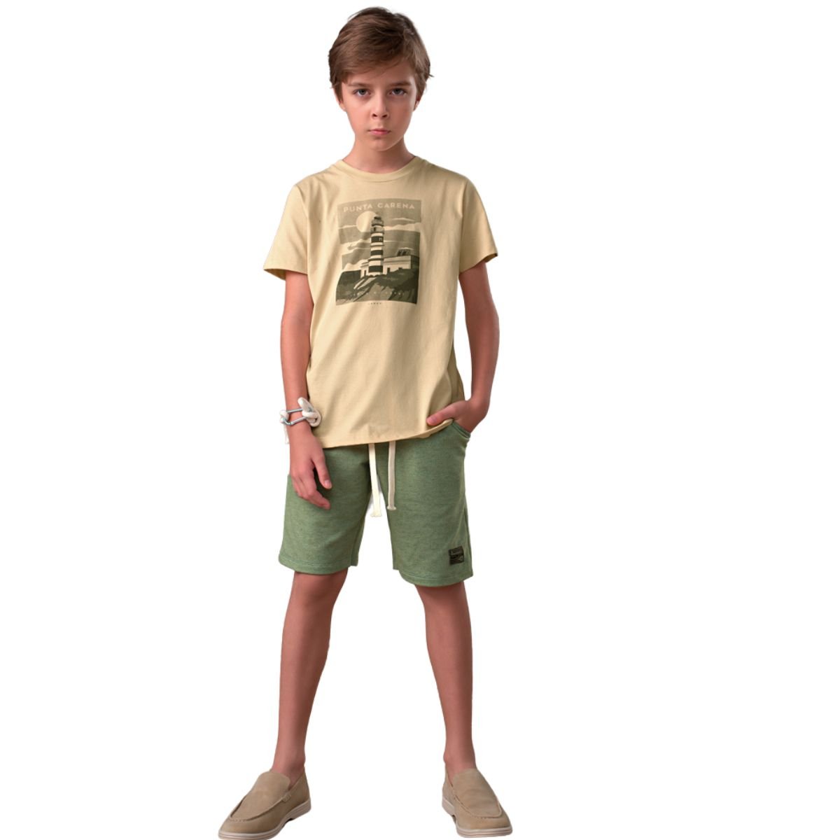 Conjunto Lamon Camiseta Bege e Bermuda Verde 30848