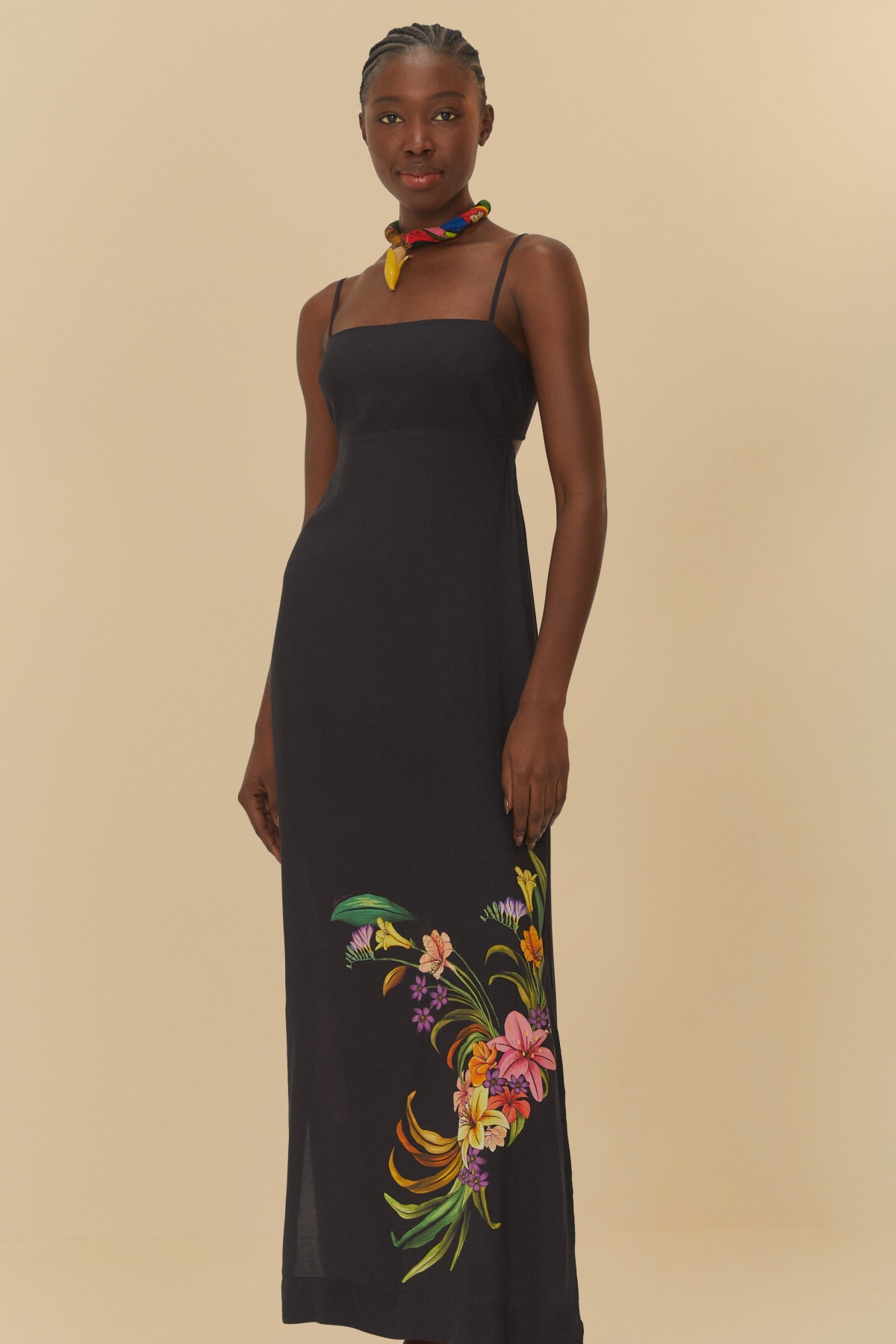 VESTIDO LONGO PASSARO EM FLOR LOCALIZADO
