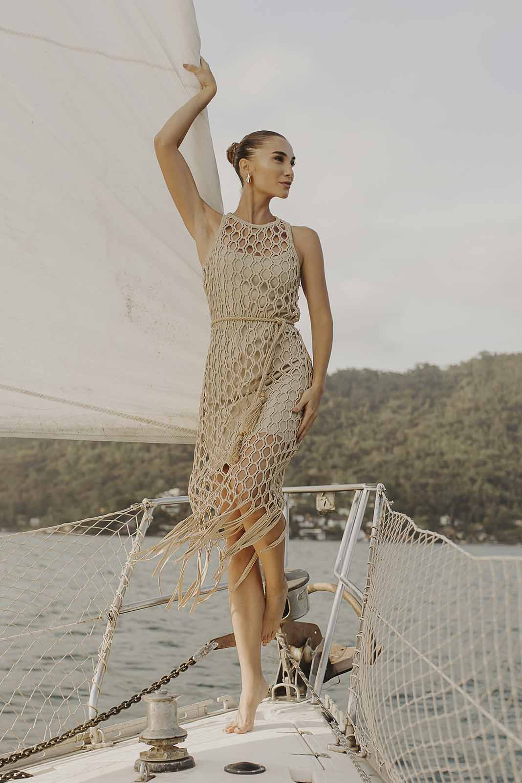 Vestido Midi em Tela Bege 