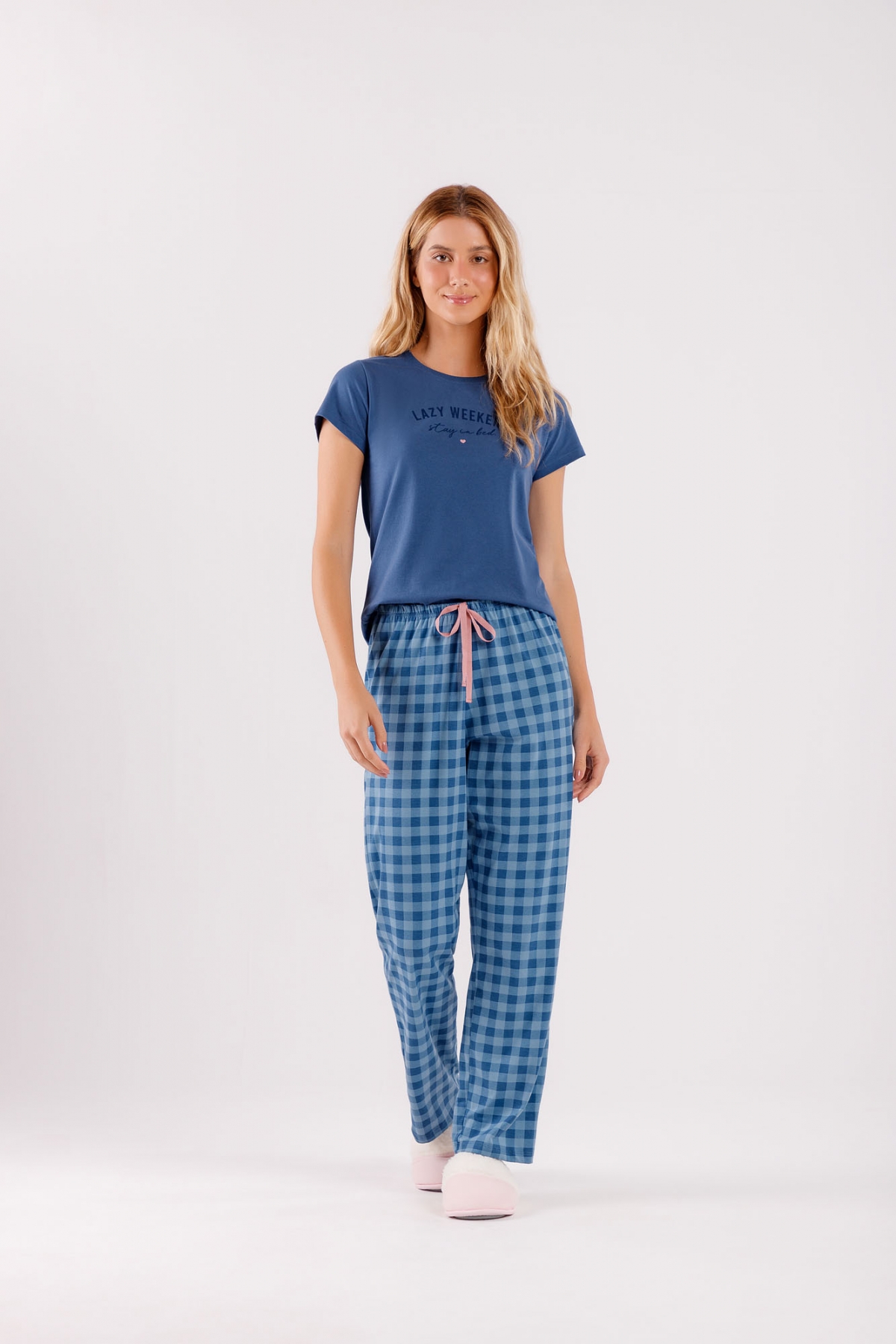 PIJAMA FEMININO MANGA CURTA E CALÇA XADREZ AZUL - COR COM AMOR