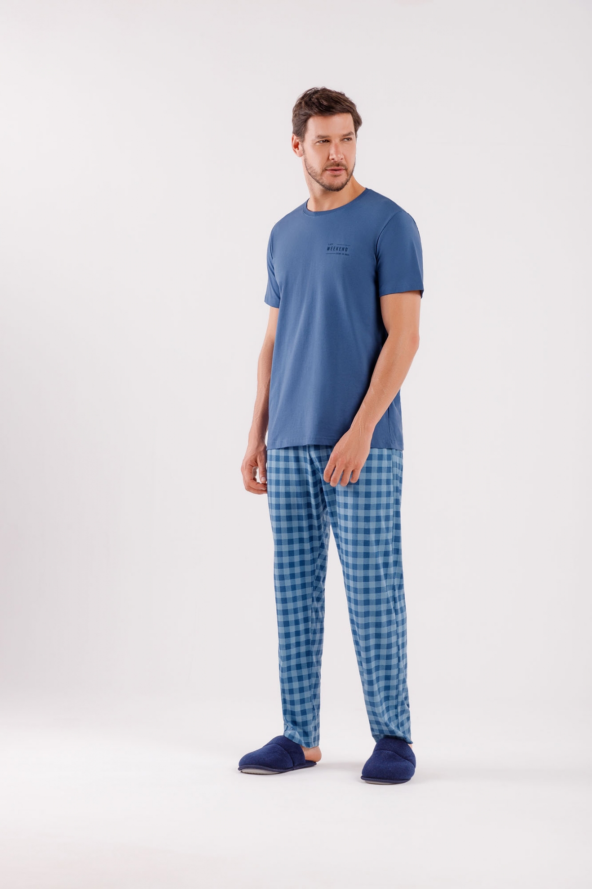 PIJAMA MASCULINO MANGA CURTA E CALÇA XADREZ AZUL - COR COM AMOR