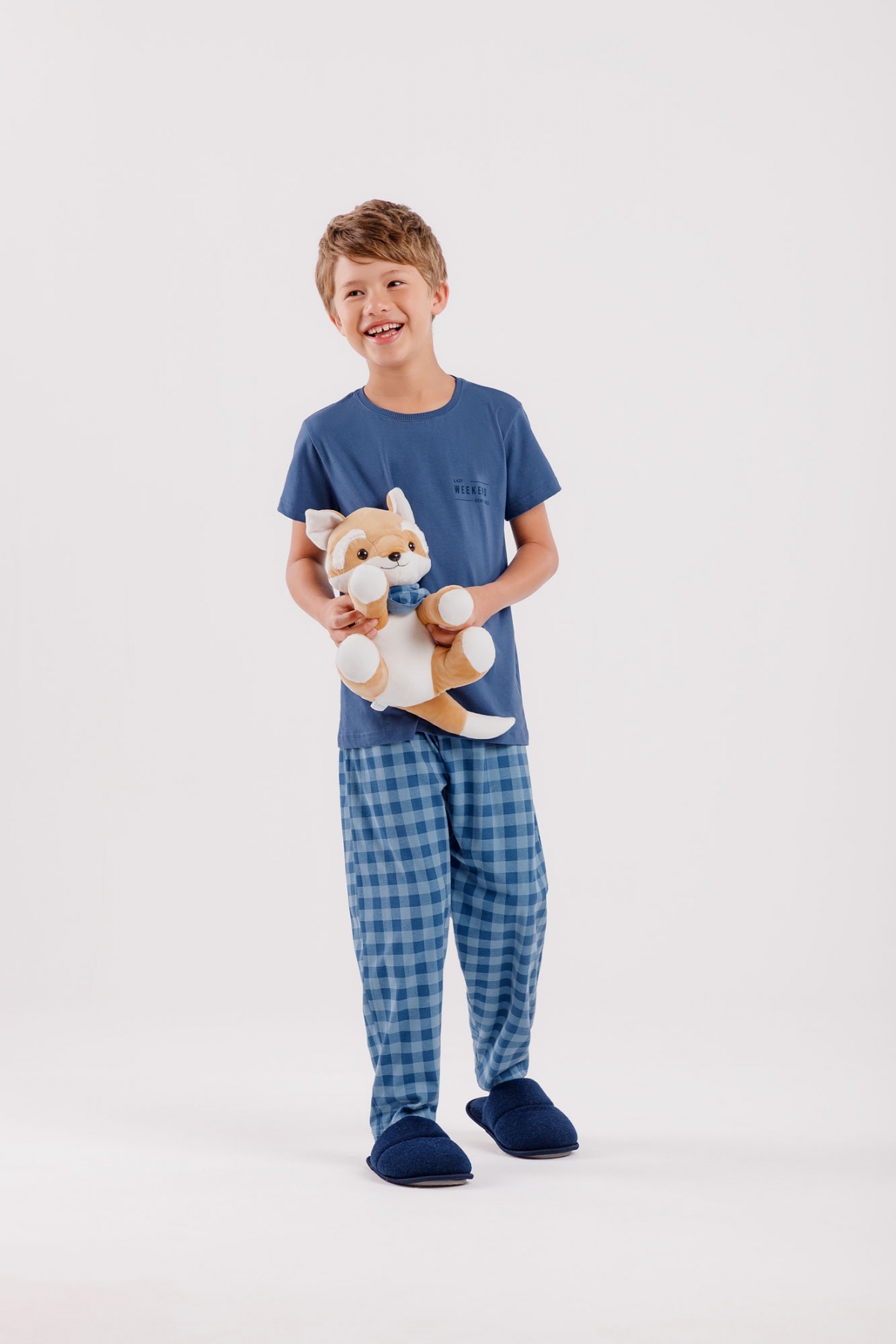 PIJAMA MASCULINO JUVENIL MANGA CURTA E CALÇA XADREZ AZUL - COR COM AMOR