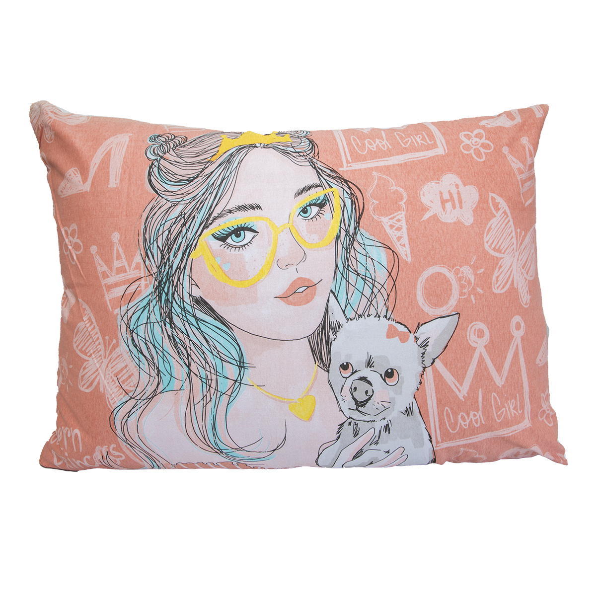 Fronha Portallar Malha 100% Algodão Estampa Localizada Girl óculos e Cachorro 48cmx68cm Branco