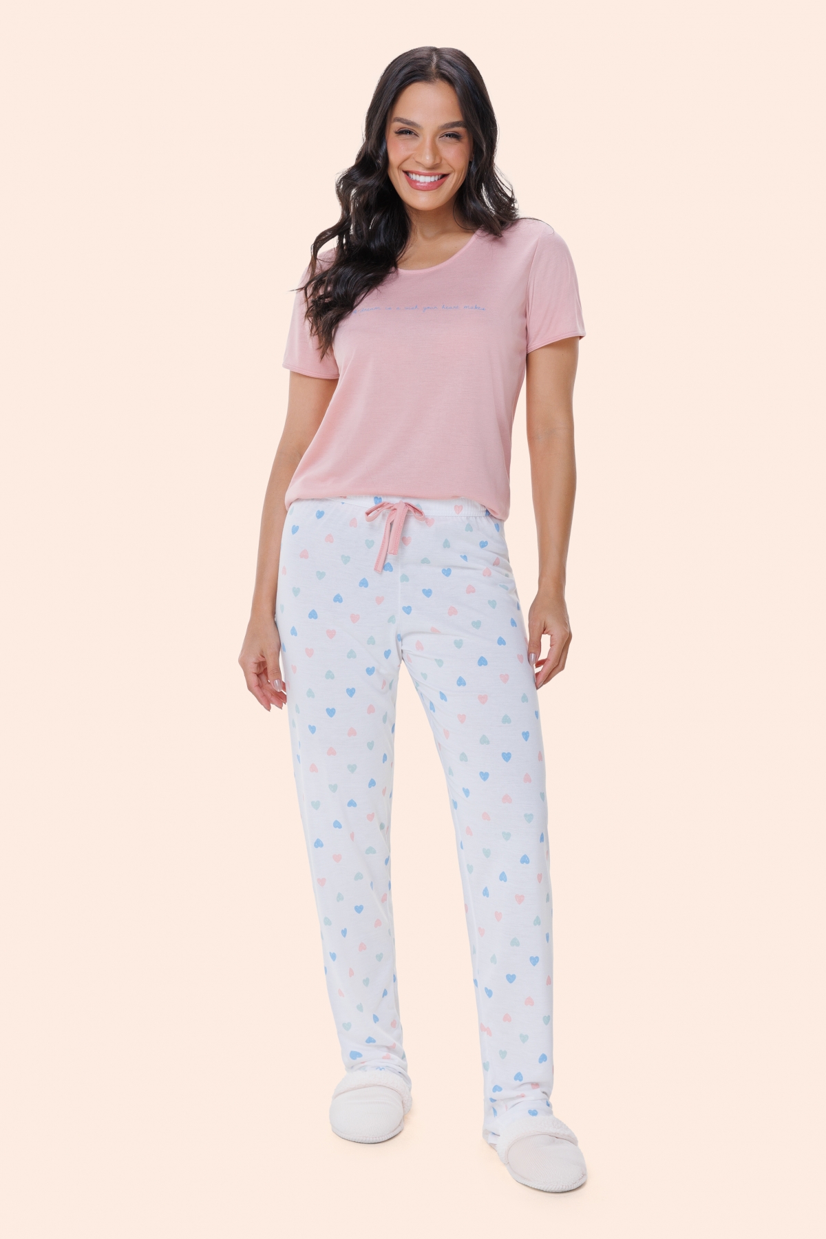 PIJAMA FEMININO MANGA CURTA COM CALÇA CORAÇÃO - BOCEJINHO