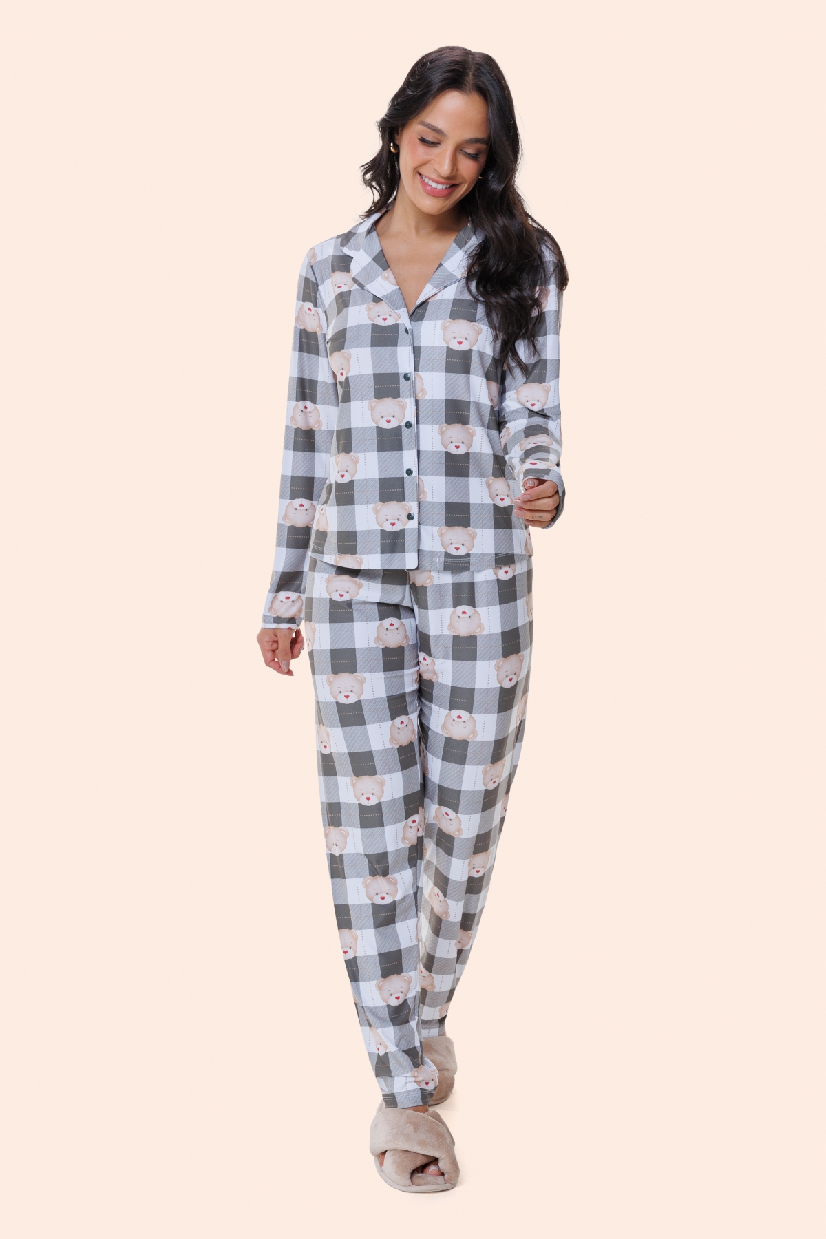 PIJAMA FEMININO LONGO COM BOTÕES XADREZ VERDE URSO - BOCEJINHO