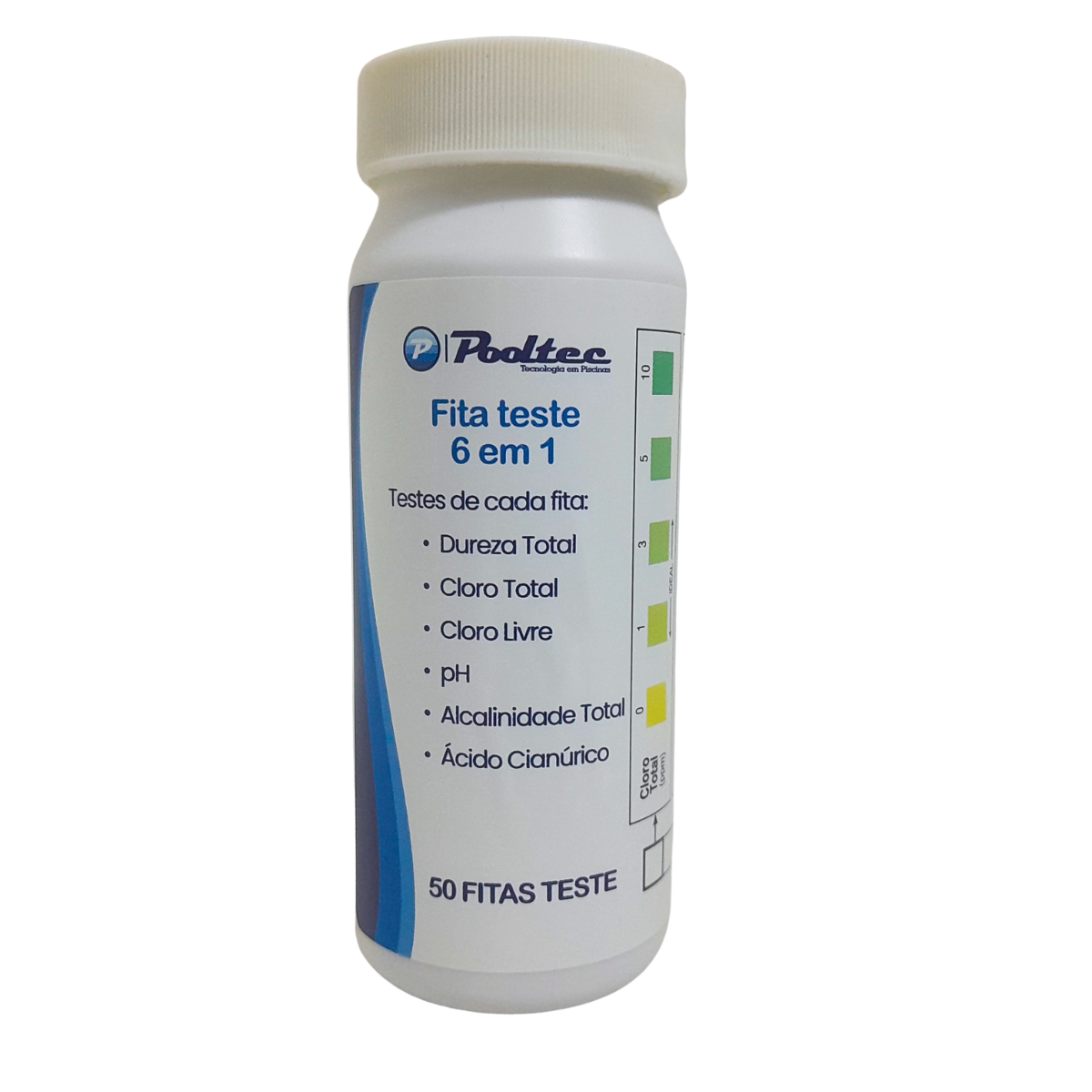 Fita Teste Piscina 6 em 1 (50 unidades) Dureza, Cloro, pH, Alcalinidade e Ácido Pooltec 