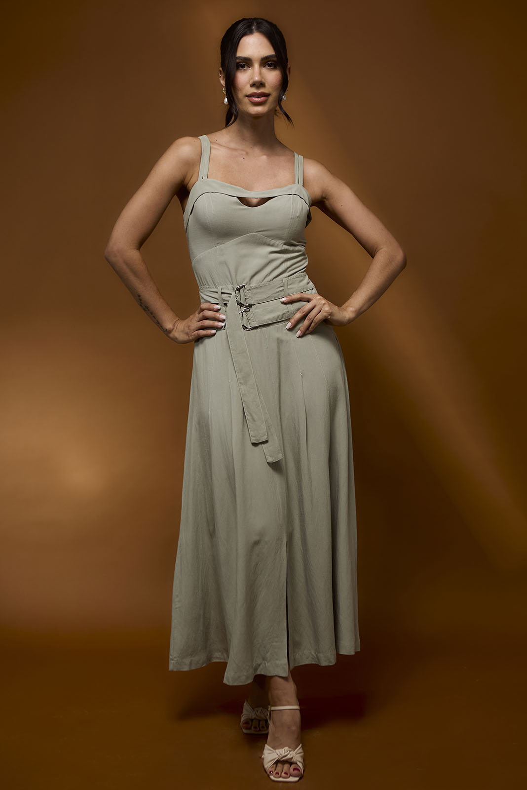 Vestido Midi Fluido Cós Duplo Verde