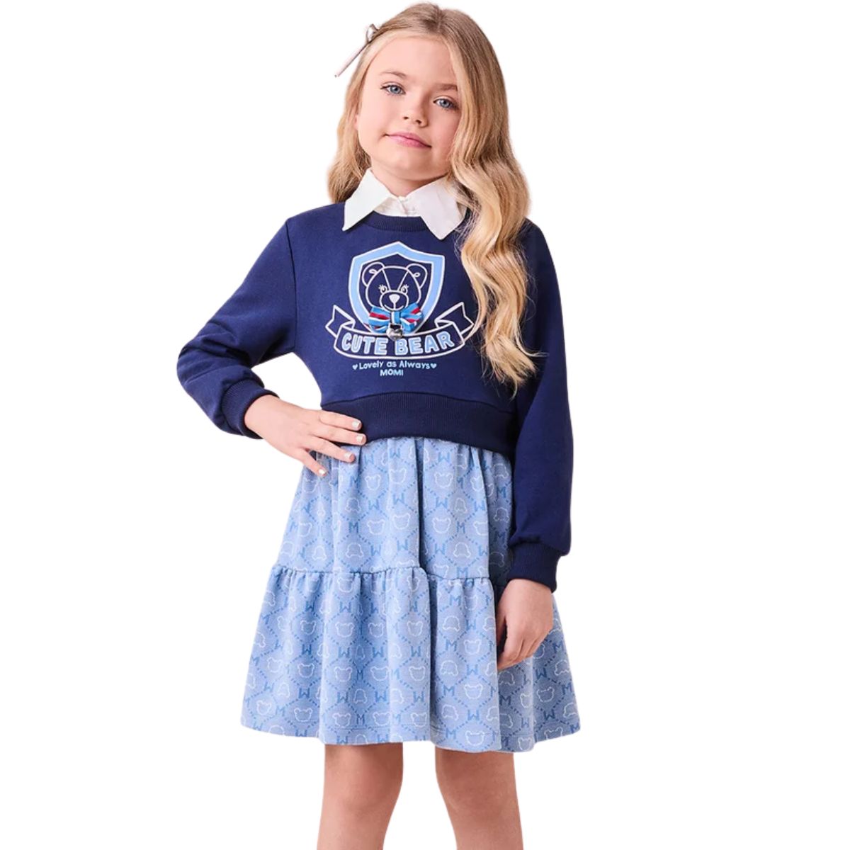 Vestido Momi Azul Saia Jacquard Urso H5965