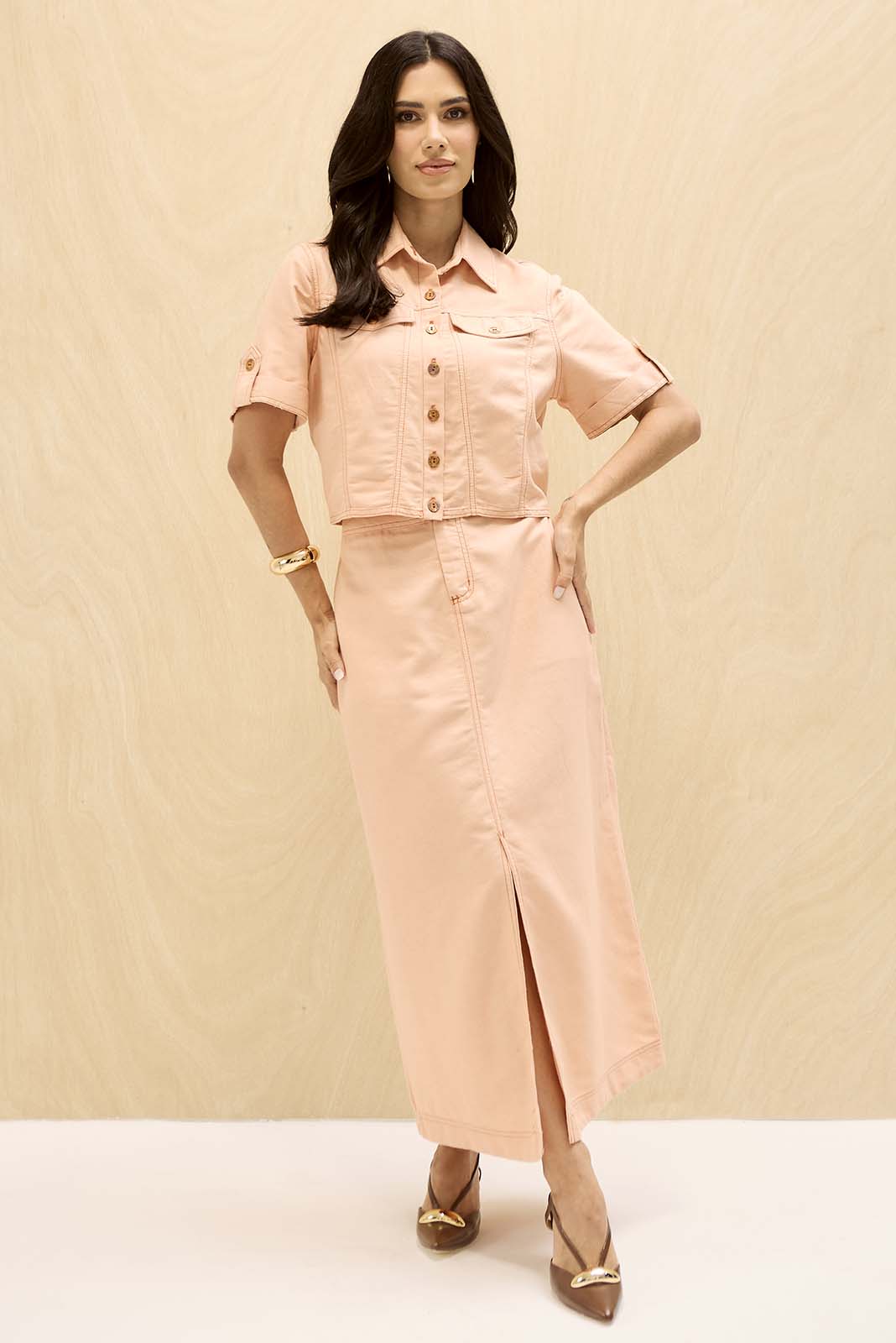 Conjunto de Saia Midi e Cropped Salmão 