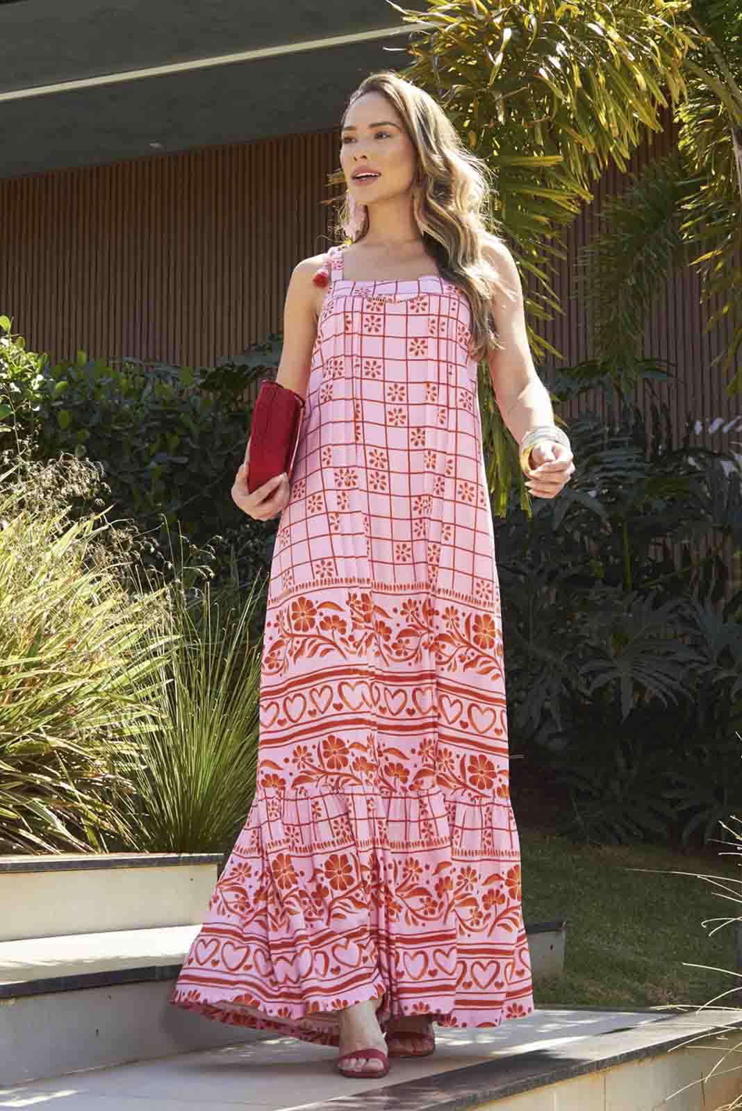 Vestido Longo Fluido Rosa Estampado 