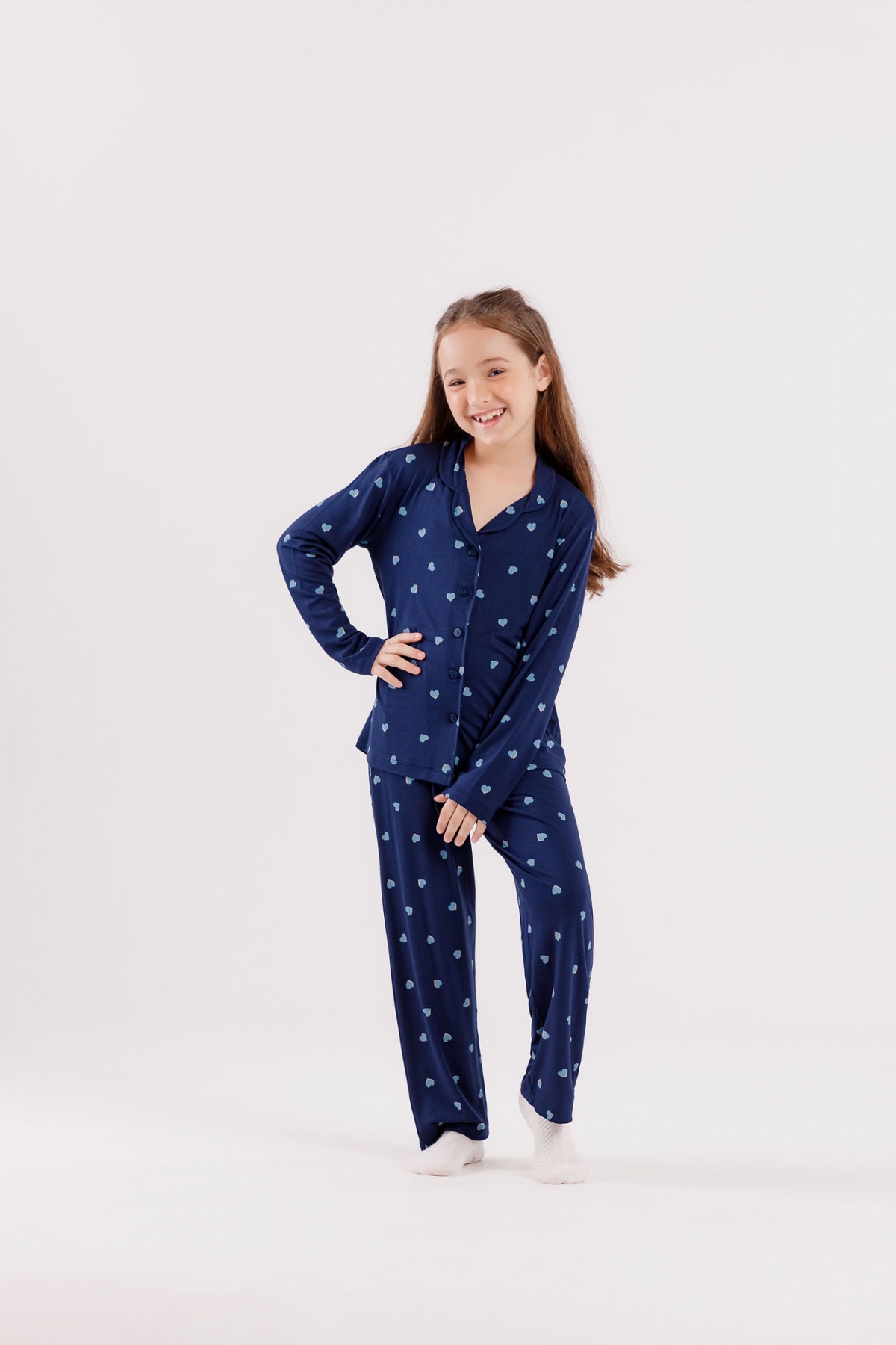 PIJAMA FEMININO INFANTIL LONGO COM BOTÕES CORAÇÃO AZUL - COR COM AMOR