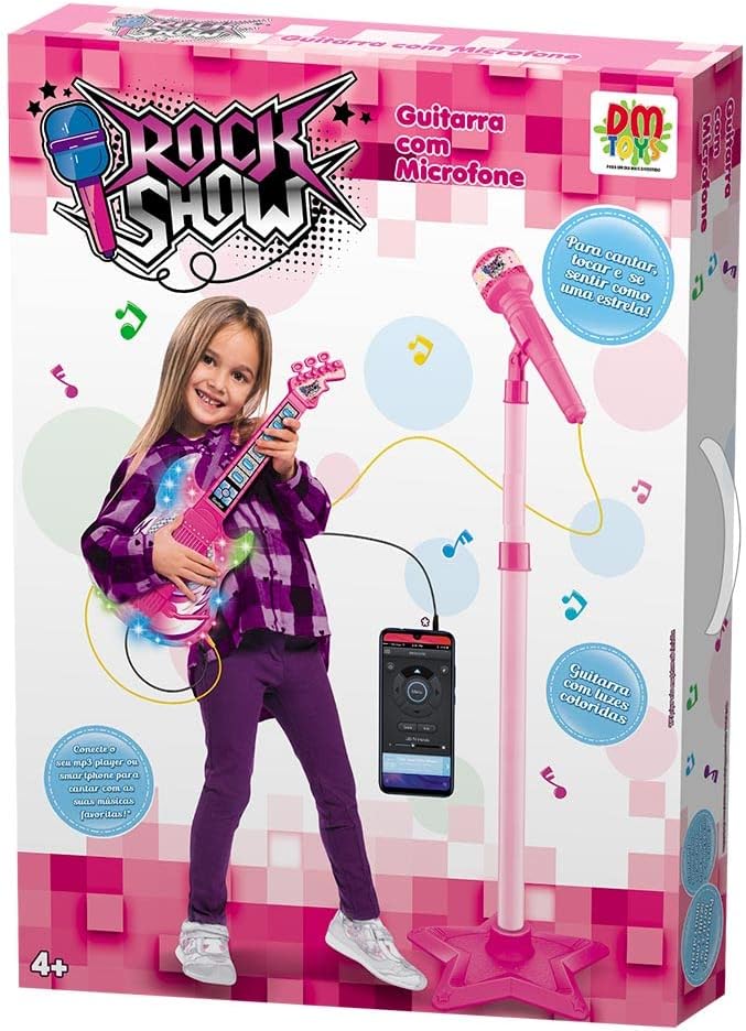 GUITARRA COM MICROFONE PEDESTAL INFANTIL ROCK ROSA - DM TOYS