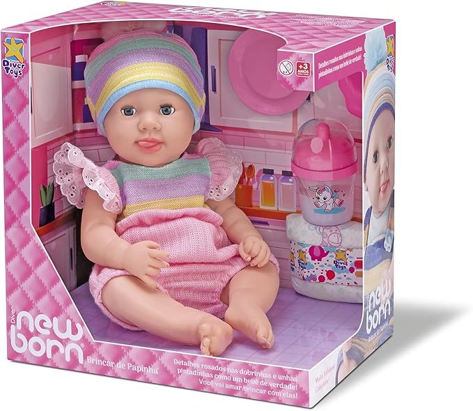 BONECA NEW BORN - BRINCA DE PAPINHA - MENINA - DIVERTOYS