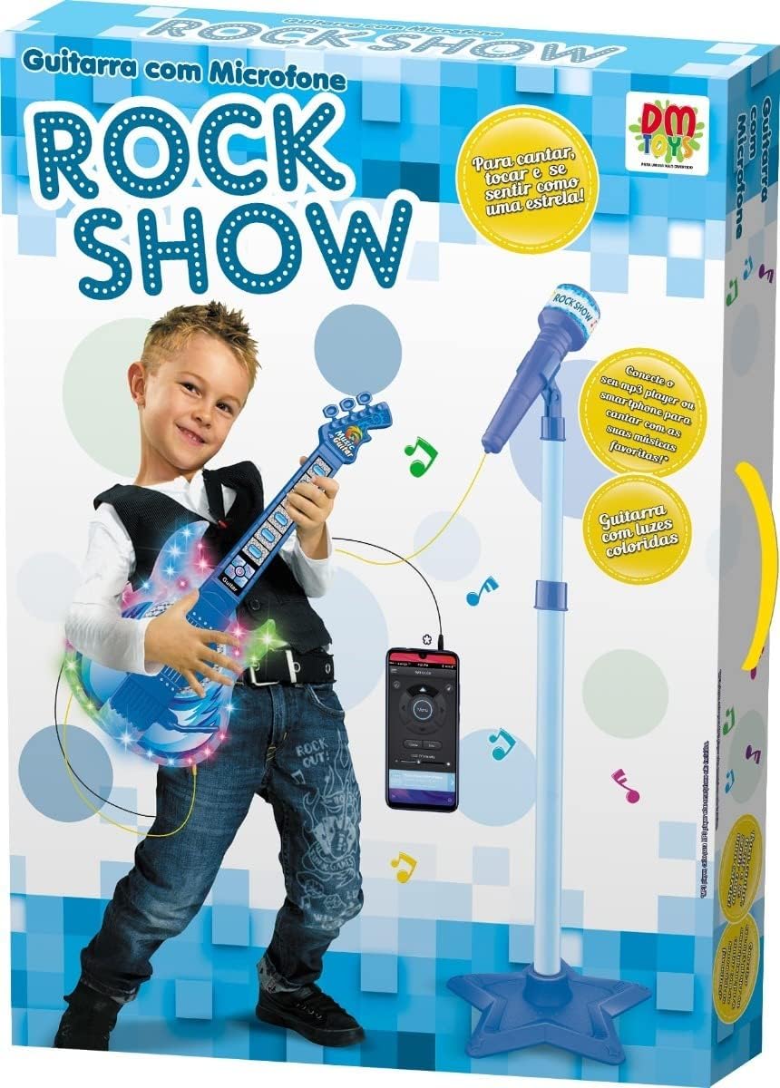 GUITARRA COM MICROFONE PEDESTAL INFAN ROCK AZUL - DM TOYS