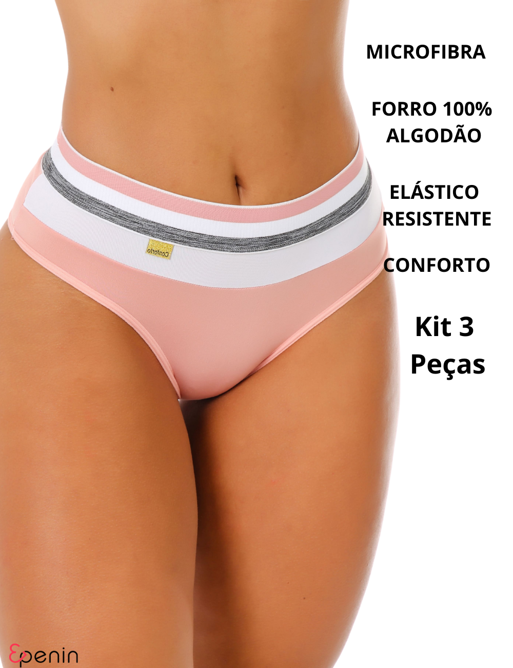 Kit 3 Calcinhas Cintura Alta Conforto Cós Tricolor