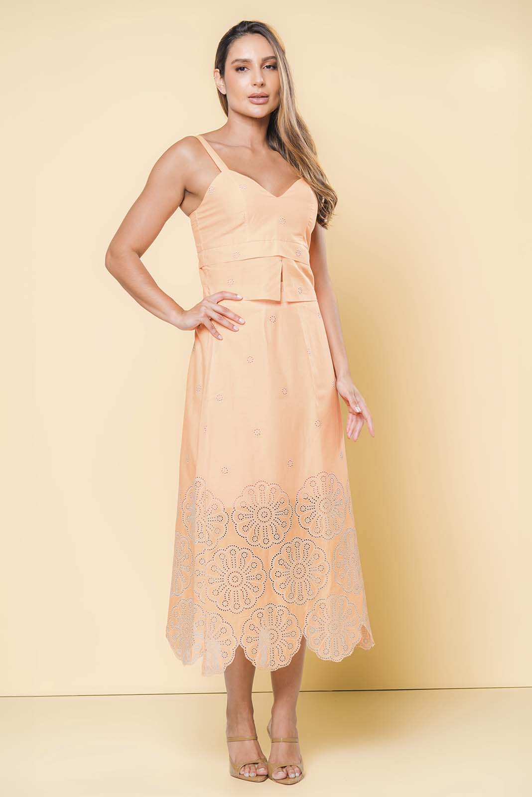 Conjunto de Saia Longa e Cropped Laise Laranja