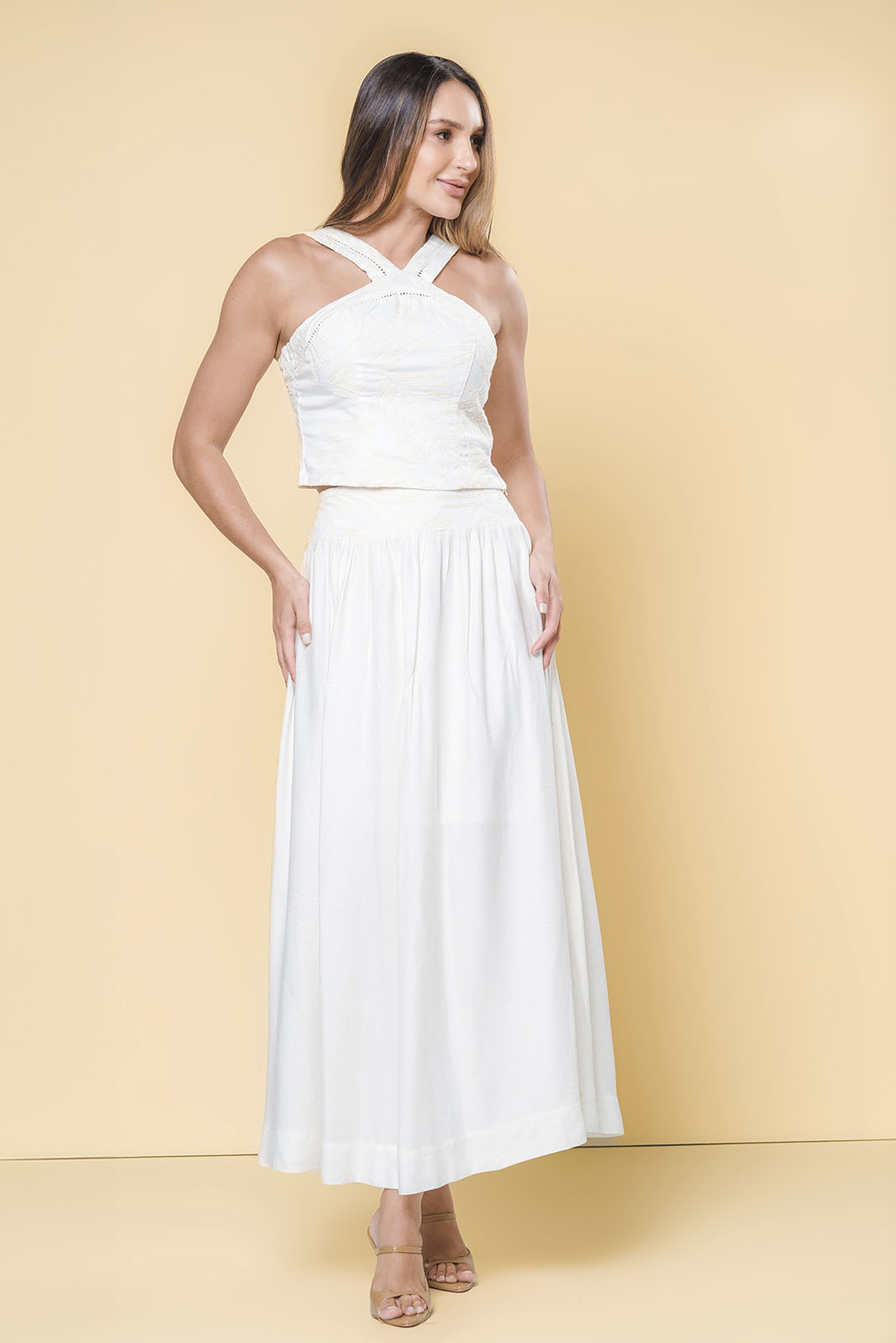 Conjunto de Saia com Cropped Bordado Off White