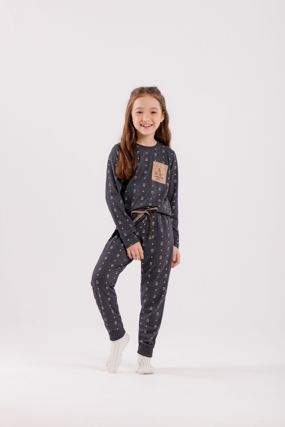 PIJAMA FEMININO JUVENIL LONGO COFFEE MESCLA - COR COM AMOR
