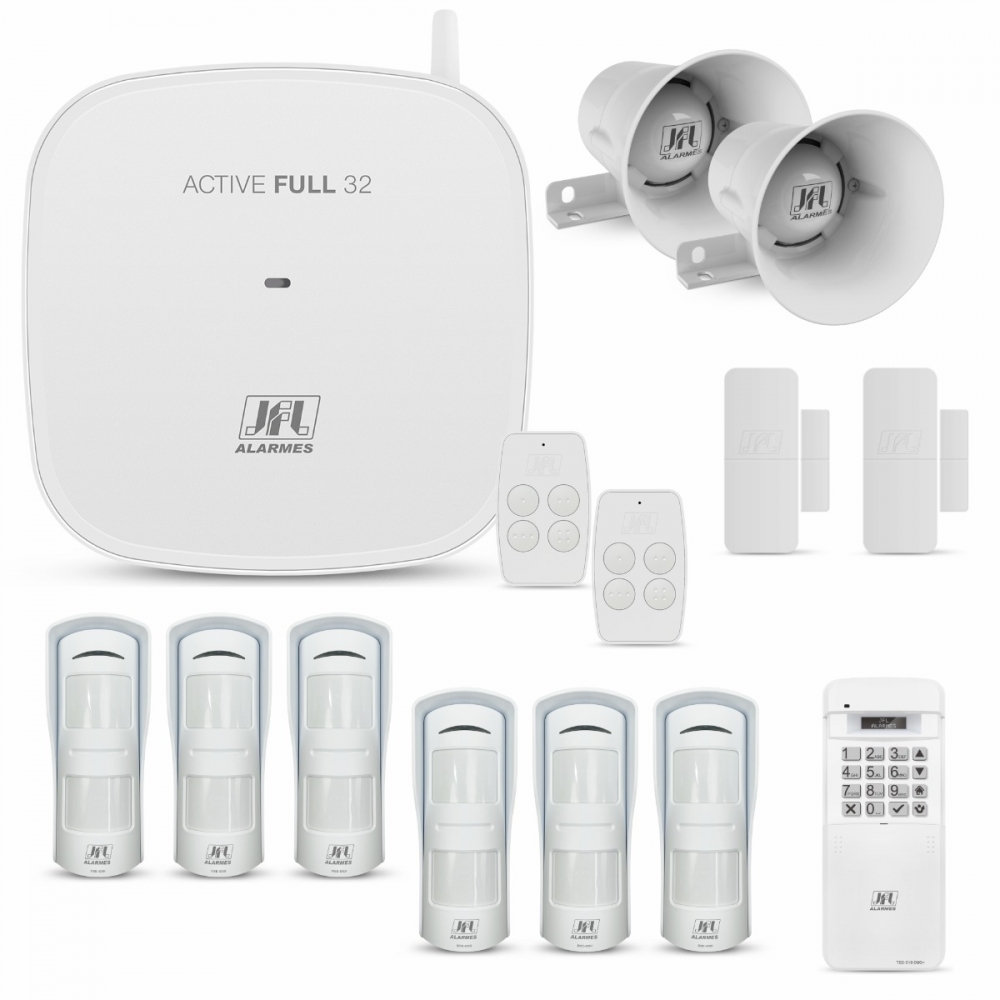 KIT ALARME JFL FULL 32 + TECLADO S FIO + SIRENE + 6 SENSORES EXTERNO + 2 SENSOR PORTA E JANELA SEM FIO