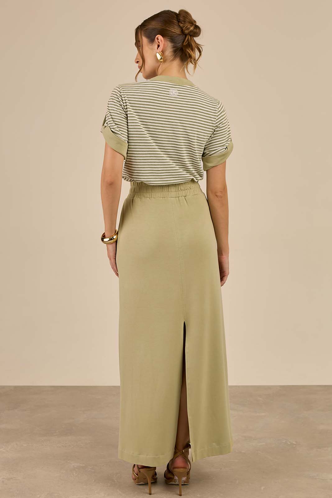 Conjunto de Saia Longa e Blusa Listrada Verde 