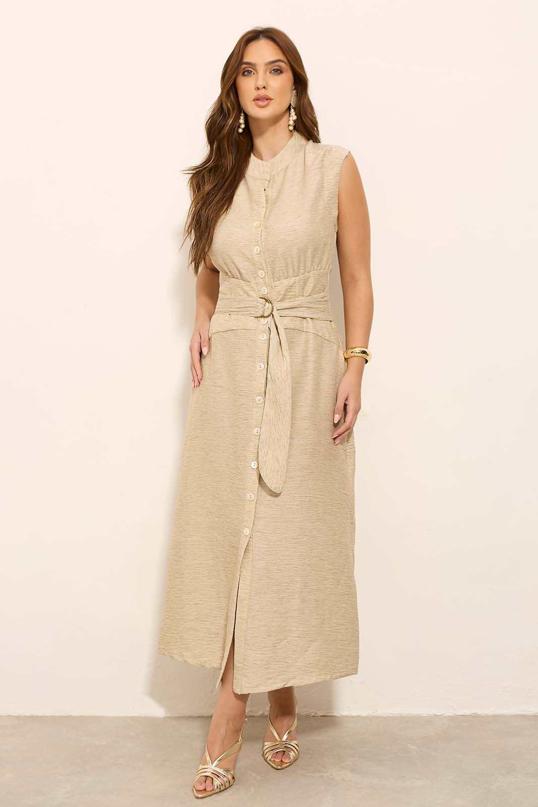 Vestido Midi Gola Alta Bege 