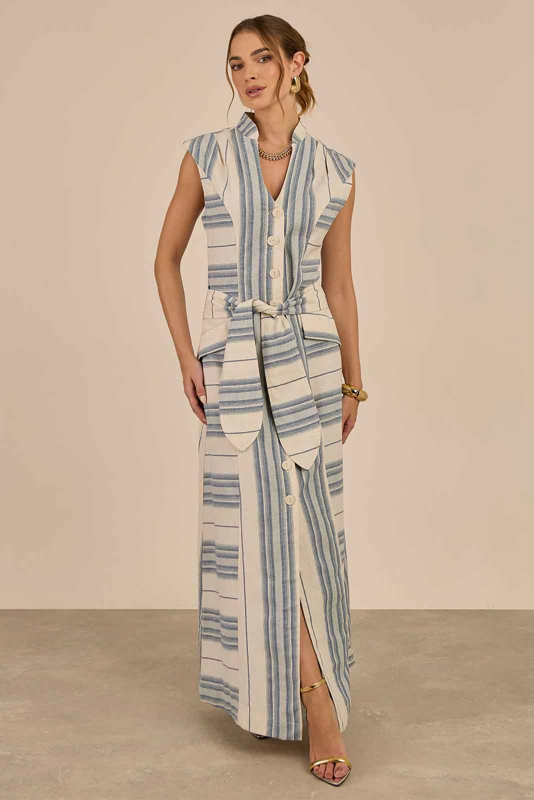 Vestido Longo Com Amarração Frontal Listrado