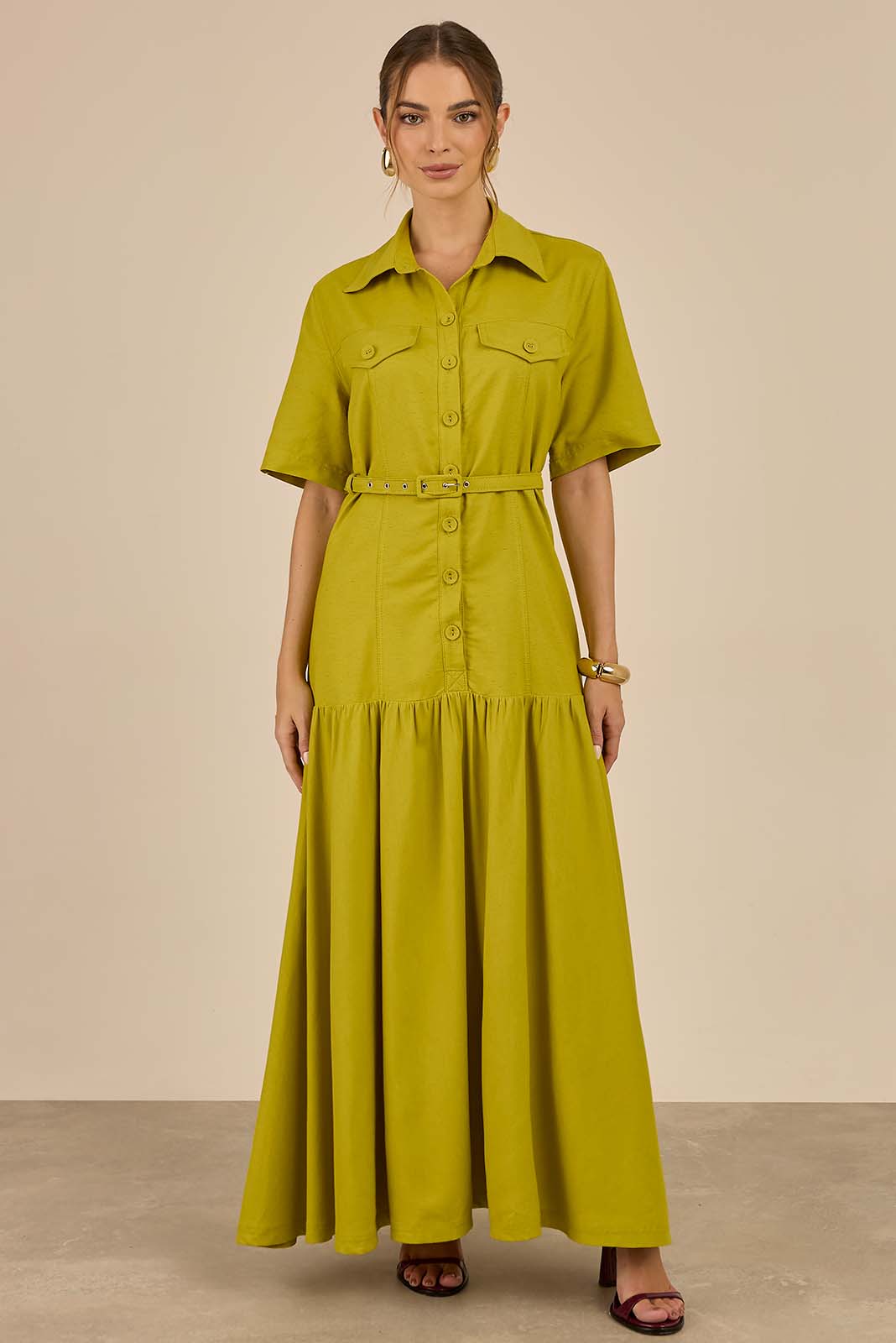 Vestido Longo Com Cinto Lima