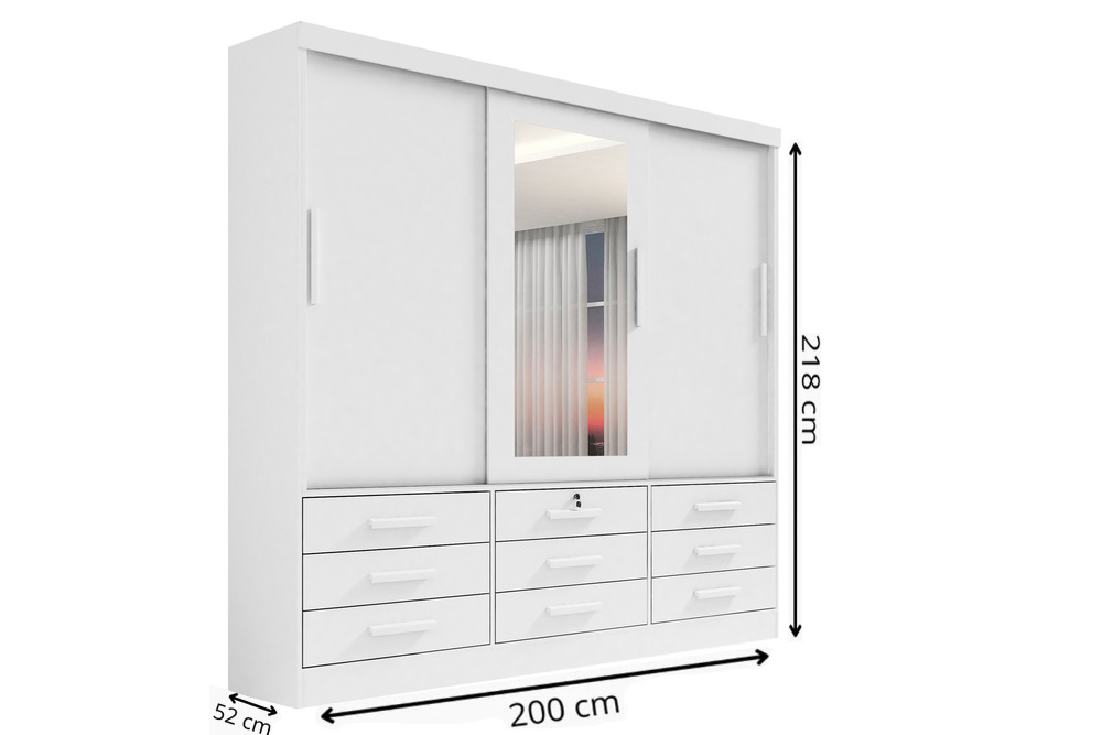 Guarda Roupa Casal Meridian com Espelho 3 Portas 9 Gavetas com pés - D Doro