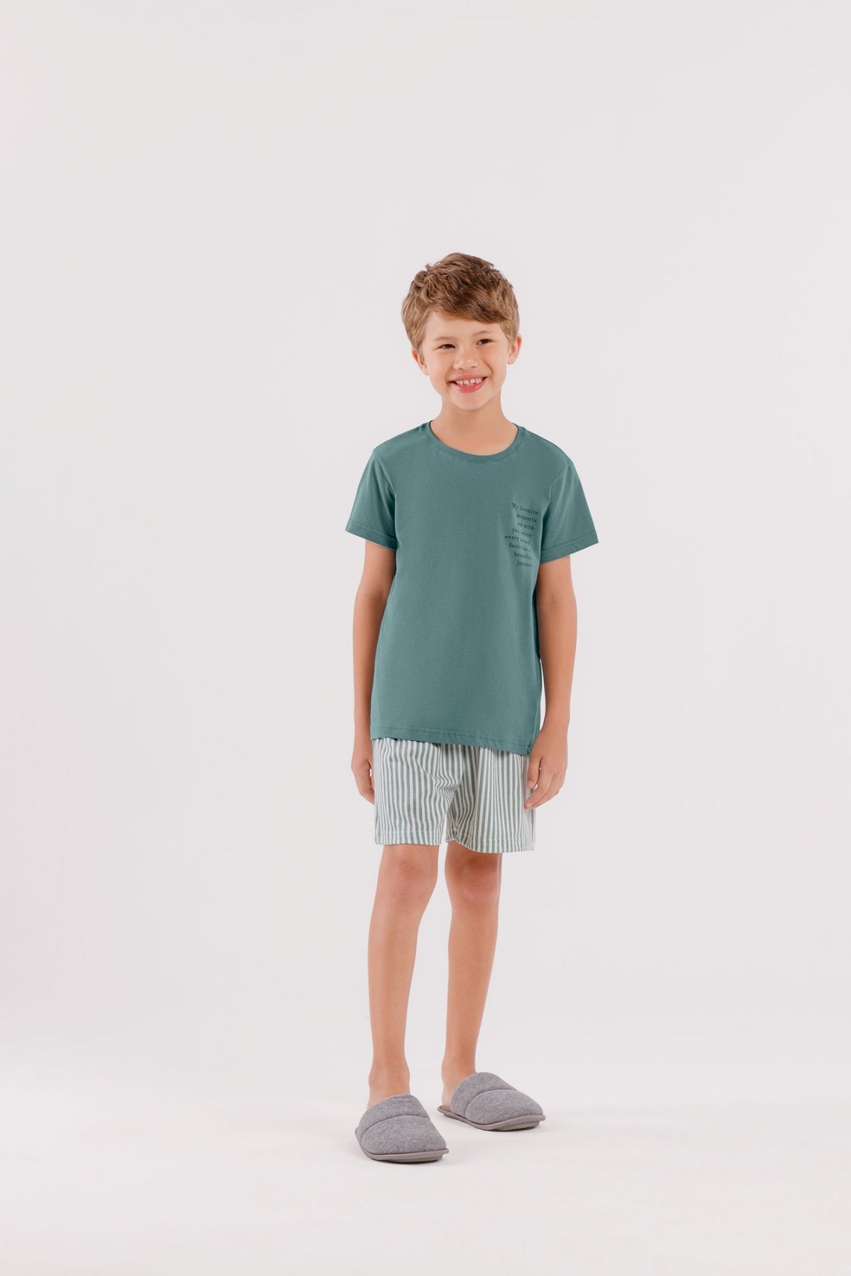 PIJAMA MASCULINO JUVENIL CURTO LISTRAS VERDE - COR COM AMOR