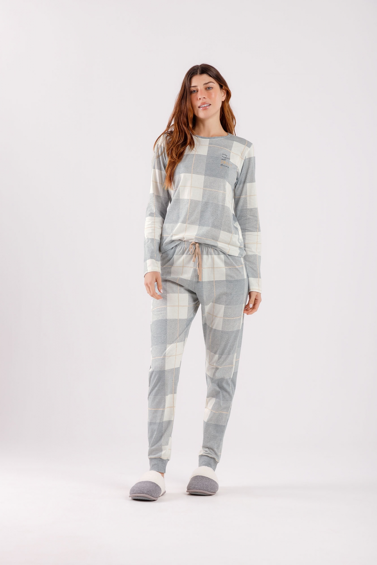 PIJAMA FEMININO LONGO XADREX MESCLA - COR COM AMOR