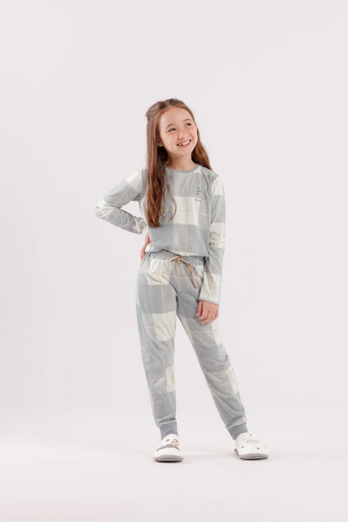PIJAMA FEMININO INFANTIL LONGO XADREZ MESCLA - COR COM AMOR