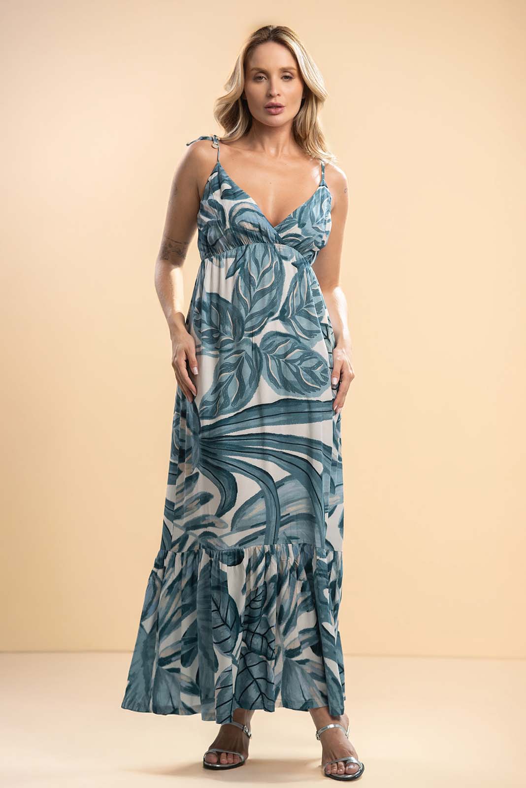 Vestido Longo Fluido Alças Finas Estampado 